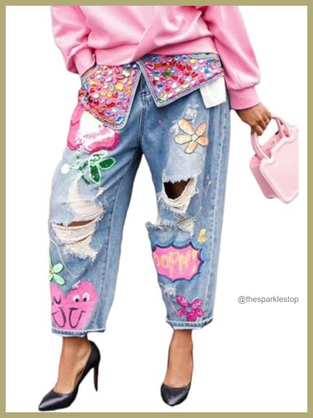 High Waist Barrel Jeans Wide Leg Rhinestone Ripped Distressed Cropped Denim